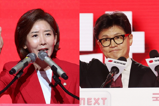 나경원(왼쪽) 국민의힘 의원과 한동훈 전 국민의힘 대표. [연합뉴스]